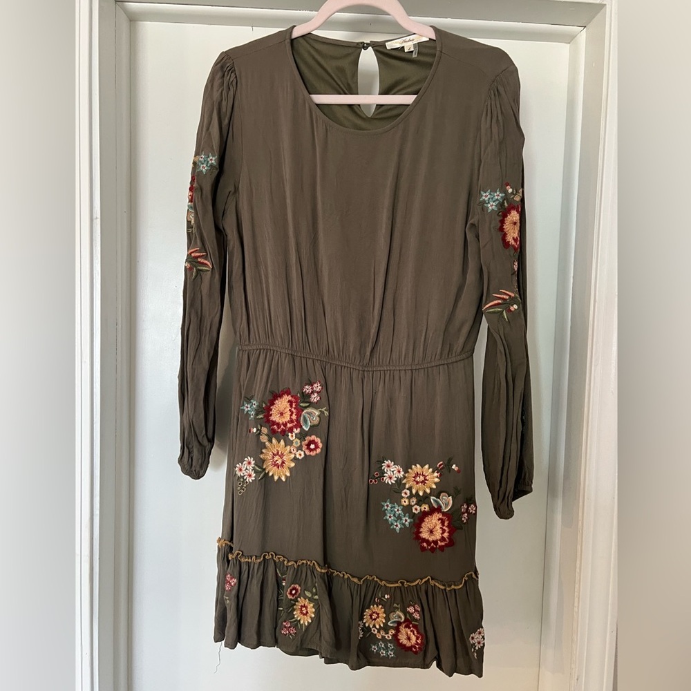 Floral Embroidered Olive Dress